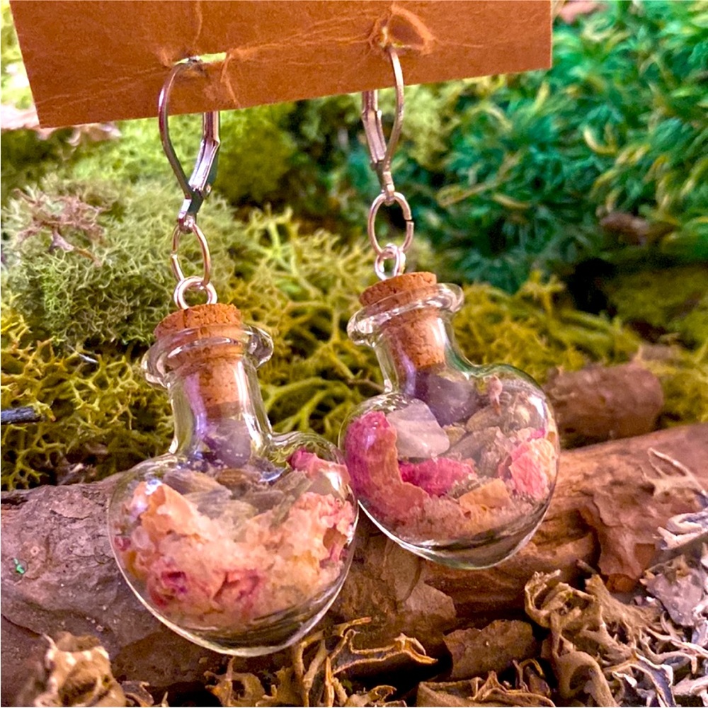 Earrings handmade Bottle Heart Love Herbal 
Rose Amethyst Salt Lavender witchy